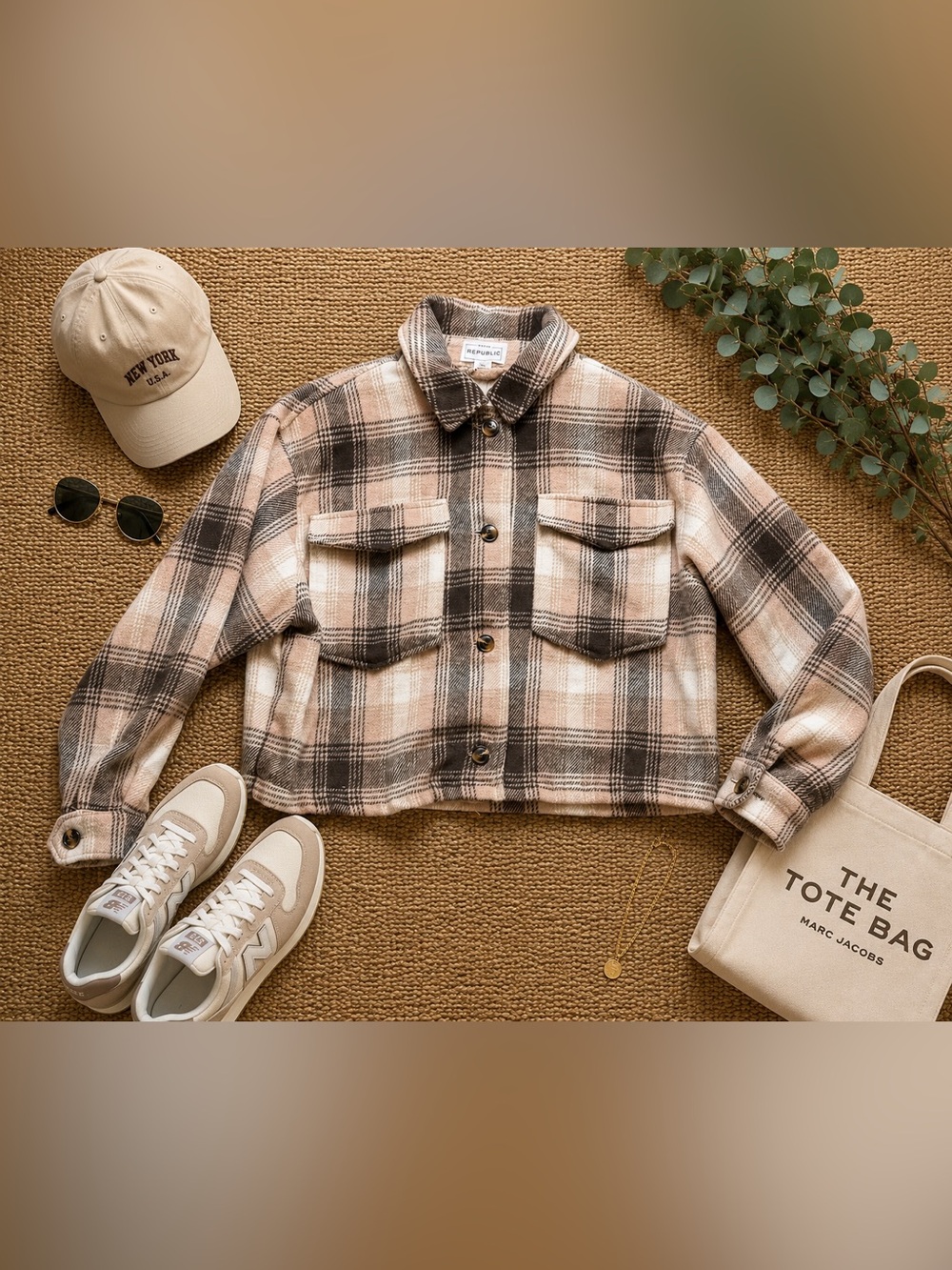 For The Republic Plaid Cropped Shacket Jacket Beige Brown Cream Women’s Large